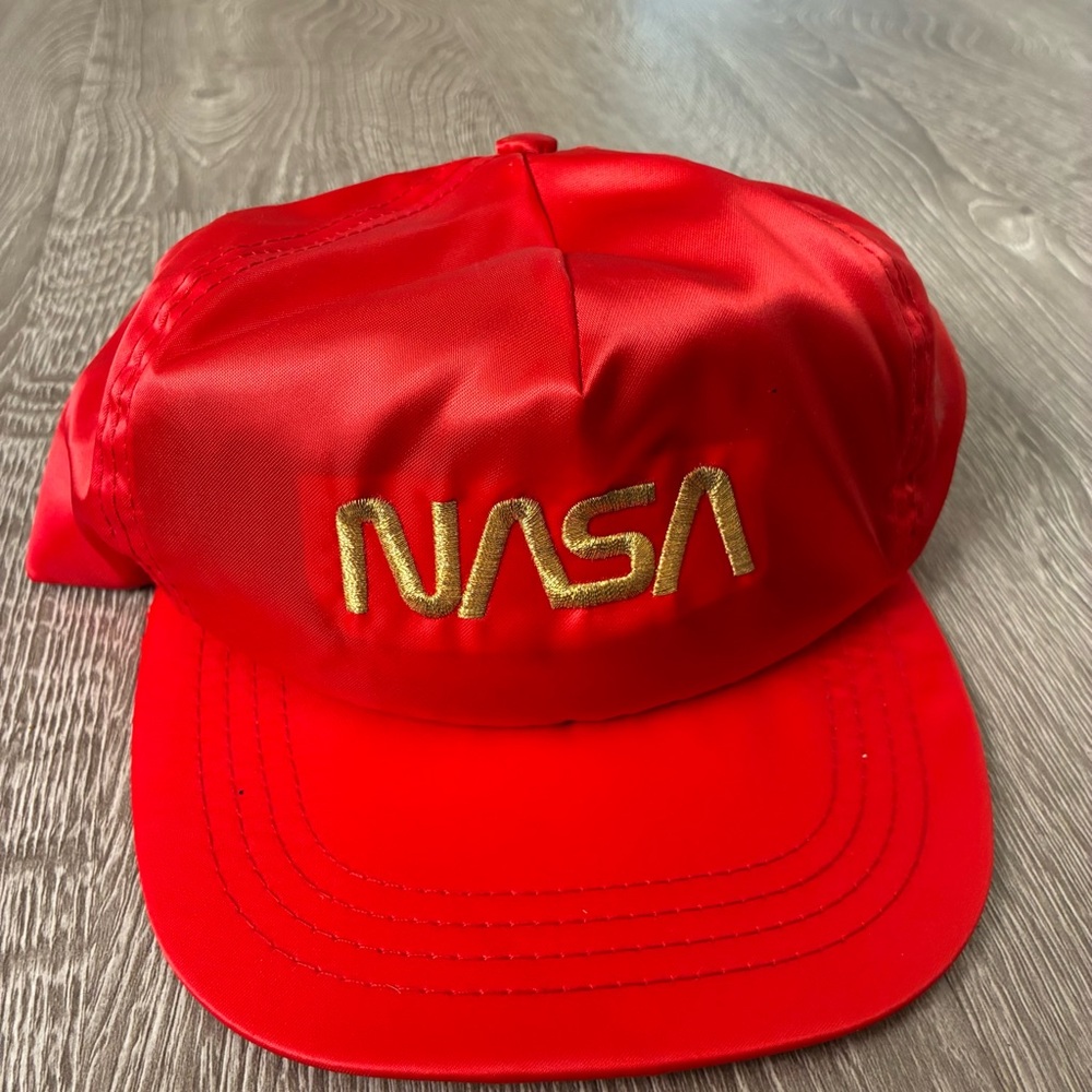 Vintage NASA Worm Logo Satin Nylon Hat – RARE Red & Gold – Made in USA